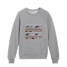Fluffy and bright fair isle knitting doggie friends // grey and taupe brown background brown orange white and grey dog breeds  Kids Crewneck