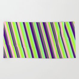 [ Thumbnail: Light Green, Pink, Dim Grey, Indigo & Green Colored Pattern of Stripes Beach Towel ]