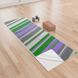 [ Thumbnail: Dim Gray, Purple, Green & Light Grey Colored Lined Pattern Yoga Towel ]