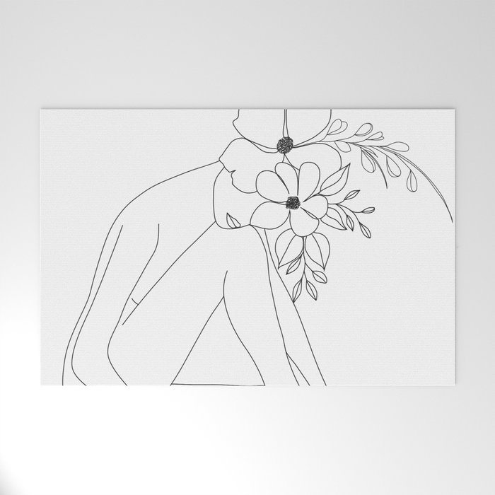 Minimal Line Art Nude Woman With Flowers Welcome Mat By Nadja1