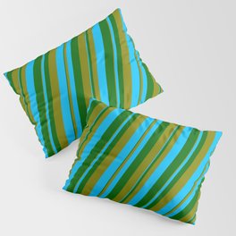 [ Thumbnail: Dark Green, Green, and Deep Sky Blue Colored Lined Pattern Pillow Sham ]