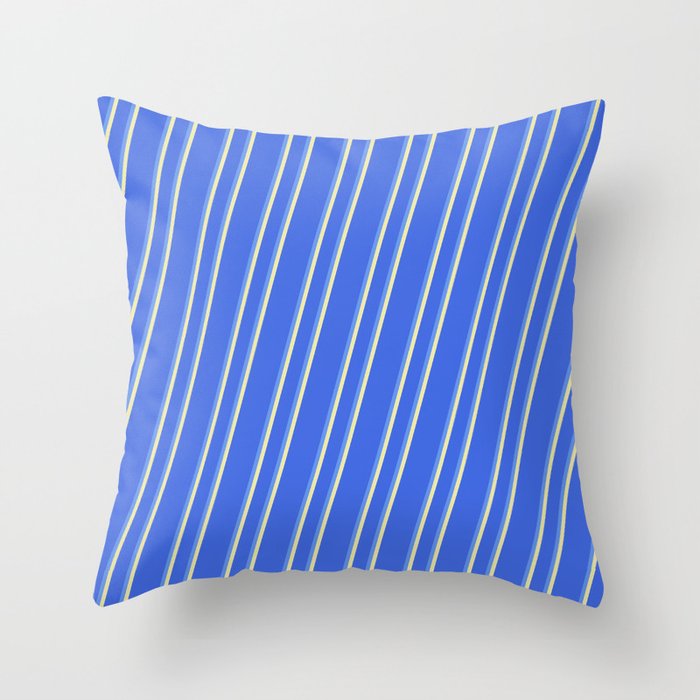 Royal Blue, Cornflower Blue & Pale Goldenrod Colored Lined Pattern Throw Pillow