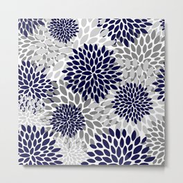 Abstract, Floral Prints, Navy Blue and Grey Metal Print