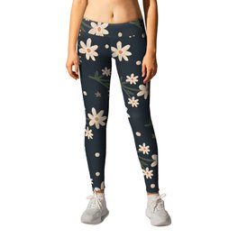 Classy Floral On Blue Background Print Pattern Leggings