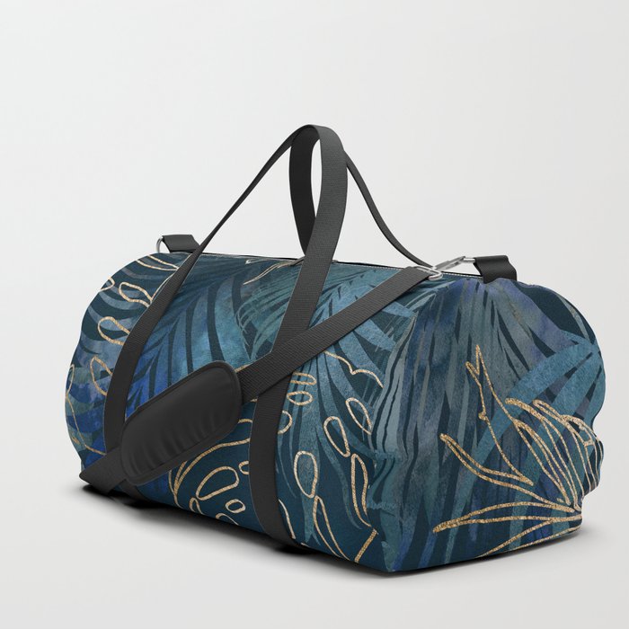 Mystic Jungle Monstera And Palm Leaves Blue And Gold Duffle Bag