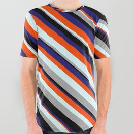 [ Thumbnail: Eye-catching Red, Light Cyan, Dark Grey, Black, and Midnight Blue Colored Stripes Pattern All Over Graphic Tee ]