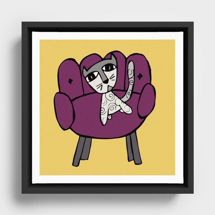 Cat Sitting in Purple Armchair Framed Canvas