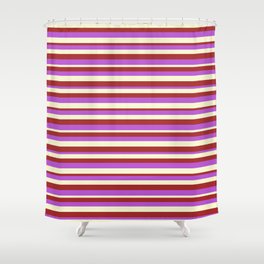 [ Thumbnail: Brown, Orchid & Light Yellow Colored Stripes/Lines Pattern Shower Curtain ]