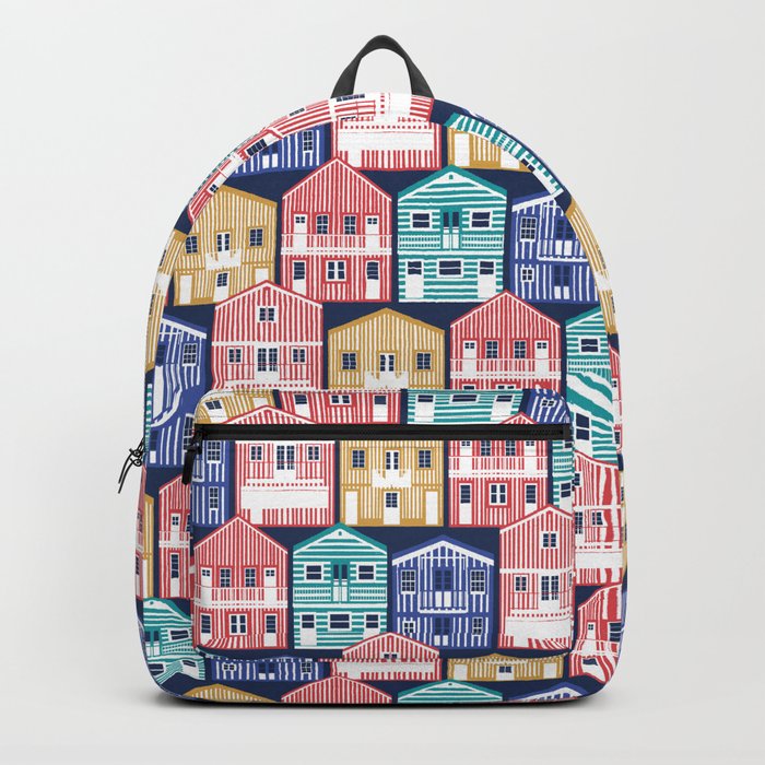 Colourful Portuguese houses // navy blue background rob roy yellow mandy red electric blue and peacock teal Costa Nova inspired houses Backpack