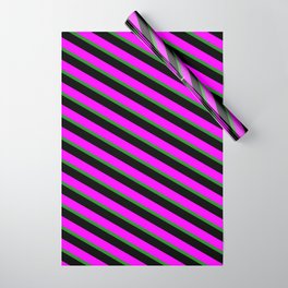 [ Thumbnail: Fuchsia, Forest Green, and Black Colored Pattern of Stripes Wrapping Paper ]