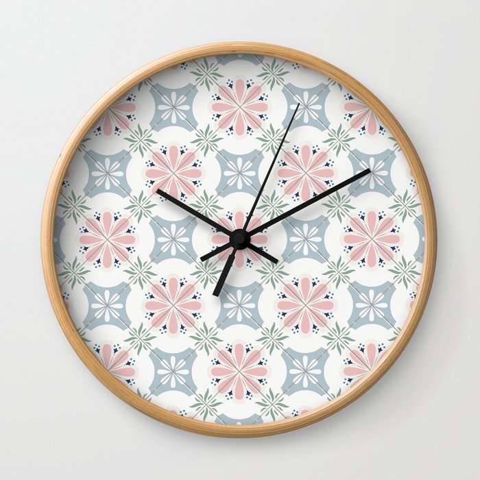 Pink & Blue Floral Tiles Wall Clock