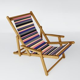 [ Thumbnail: Vibrant Beige, Light Coral, Midnight Blue, Dim Gray, and Black Colored Pattern of Stripes Sling Chair ]