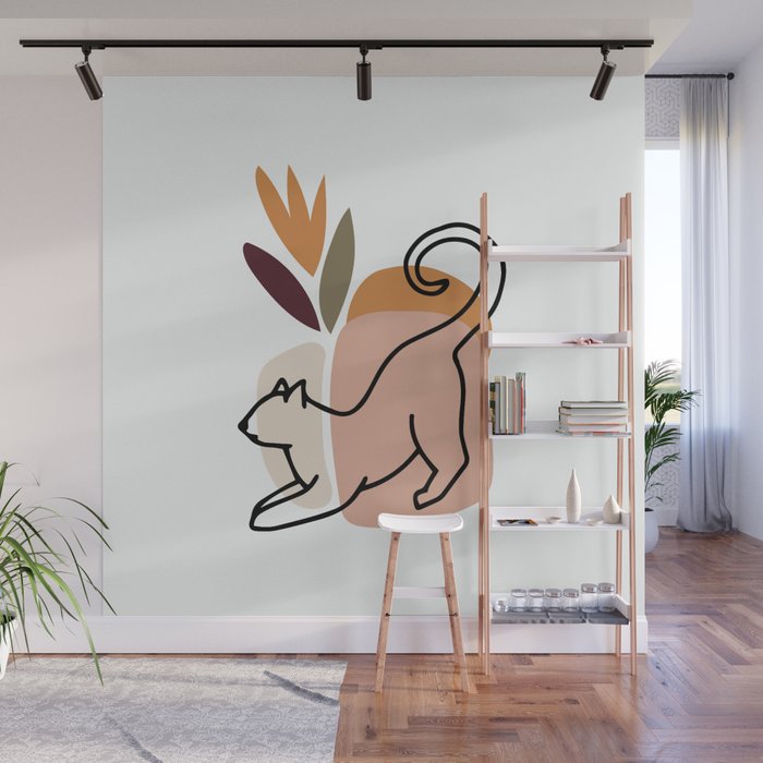 Stretching Cat One Line Art, Abstract Modern Boho Design Wall Mural