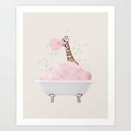 Giraffe in bath Pink foam Art Print