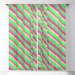 [ Thumbnail: Slate Gray, Dark Red, Light Pink, and Lime Colored Stripes/Lines Pattern Sheer Curtain ]