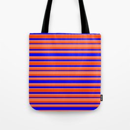 [ Thumbnail: Blue, Coral & Red Colored Striped Pattern Tote Bag ]