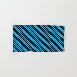 [ Thumbnail: Deep Sky Blue and Black Colored Stripes/Lines Pattern Hand & Bath Towel ]