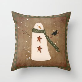 Primitive Snowman With Crow Throw Pillow