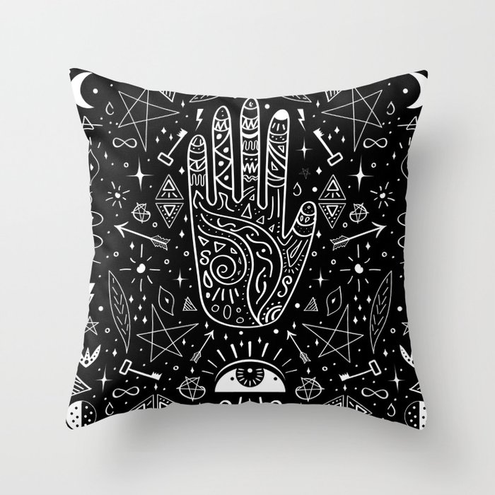 Black background occult pattern with mystical chalk signs Throw Pillow