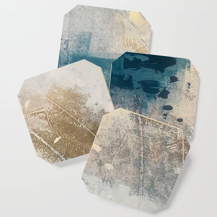 Embrace: a minimal, abstract mixed-media piece in blues and gold with a hint of pink Coaster