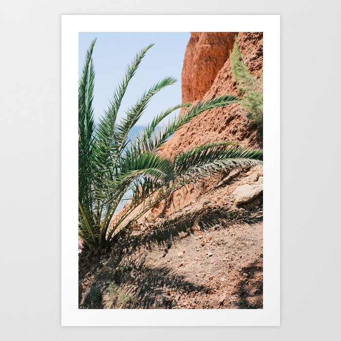 Blue sea, red rocks and palm trees in Ibiza // Ibiza Travel Photography Art Print