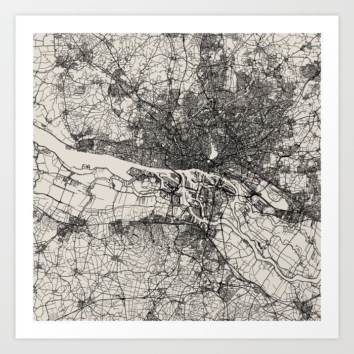 Hamburg, Germany City Map. Black and White Aesthetic Art Print