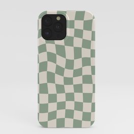 Sage Green Wavy Checkered Pattern iPhone Case | Funky, Retro, 60S, Checkerboard, Graphicdesign, Modern, Wrapped, Geometric, Groovy, Sage Green 