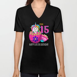 15 Year Old Age Birth Kawaii Unicorn Easter Sunday V Neck T Shirt