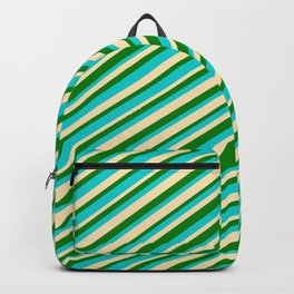 [ Thumbnail: Dark Turquoise, Beige, and Green Colored Striped/Lined Pattern Backpack ]