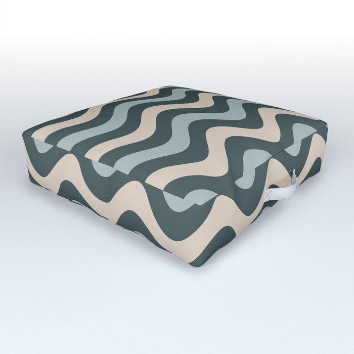 Blue Willow Green & Alpaca Wool Cream Wavy Horizontal Stripes on Night Watch Green Outdoor Floor Cushion