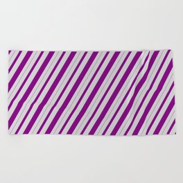 [ Thumbnail: Light Grey & Purple Colored Striped Pattern Beach Towel ]