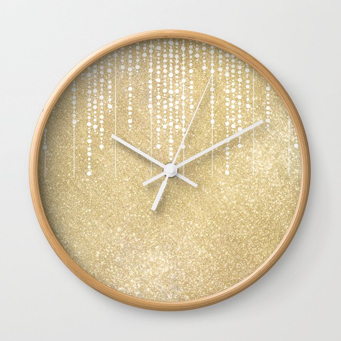 Glam Girly Gold White Ivory Glitter Drips Wall Clock