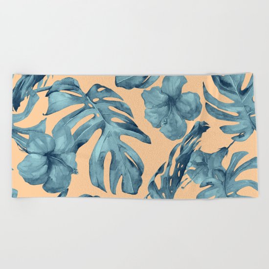 Island Life Hibiscus Palm Apricot Teal Blue Beach Towel