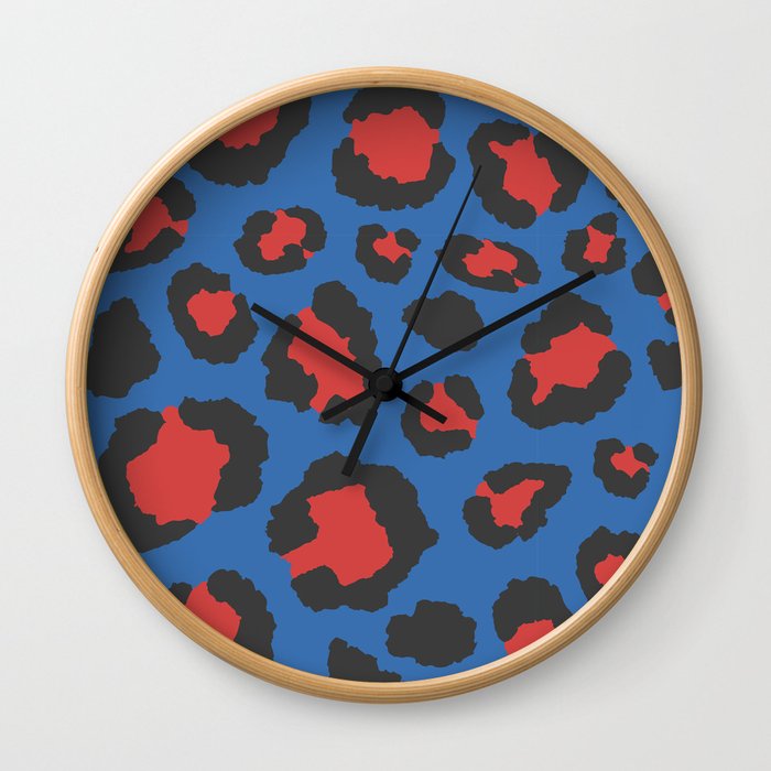 Leopard Print Blue & Red Wall Clock
