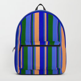 [ Thumbnail: Brown, Blue, Dark Green, and Royal Blue Colored Lines Pattern Backpack ]