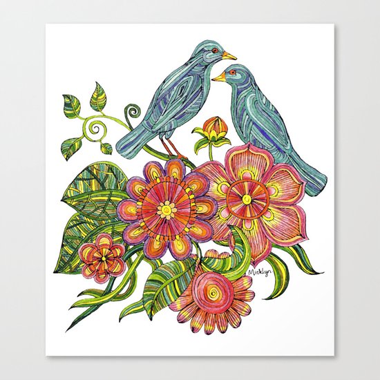 Fly Away With Me - Hand drawn illustration with birds, flowers and leaves. Canvas Print