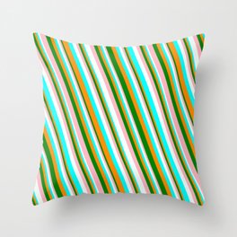 [ Thumbnail: Vibrant Dark Orange, Green, Light Pink, Mint Cream, and Aqua Colored Striped/Lined Pattern Throw Pillow ]