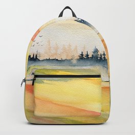 Sunset Reflections Backpack | Autumn, Colors, Peaceful, Whimsical, Pine, Reflections, Tree, Mountains, Golden, Landscape 
