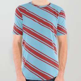 [ Thumbnail: Sky Blue & Red Colored Stripes Pattern All Over Graphic Tee ]