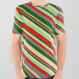 [ Thumbnail: Eyecatching Light Green, Red, Gray, Dark Green, and Tan Colored Lined/Striped Pattern All Over Graphic Tee ]