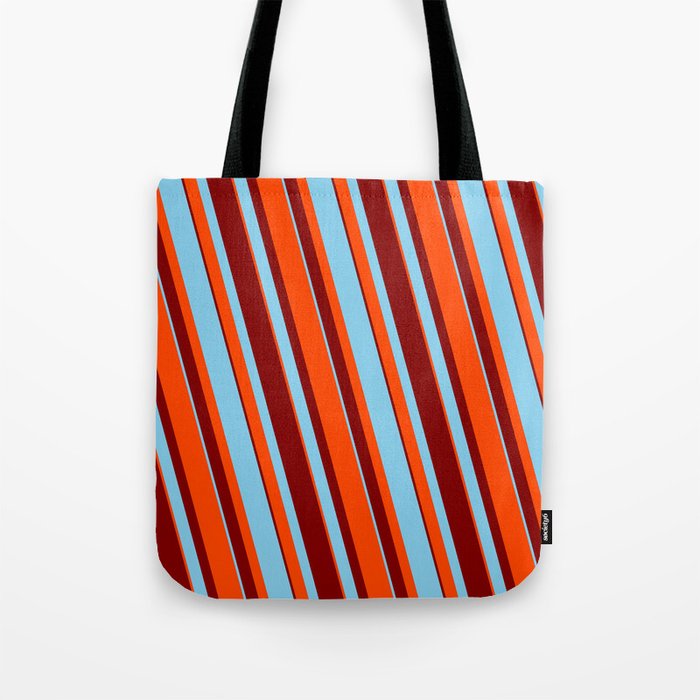 Sky Blue, Red, and Maroon Colored Pattern of Stripes Tote Bag