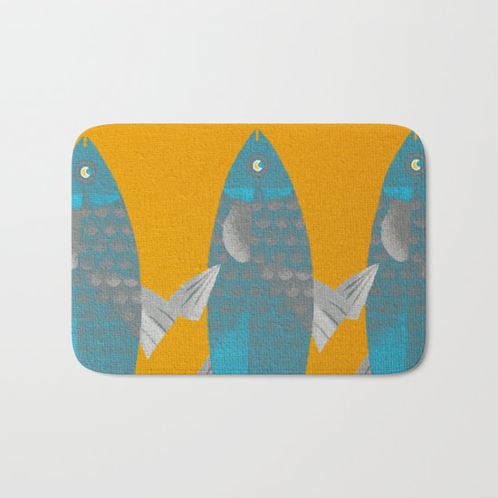 Blue Fish on a Yellow River Bath Mat