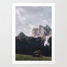 Litle Cabin lost at in a grass field at the top of the moutains - Dolomites Italy Art Print | Hiking, Artprint, Canvas, Forest, Painting, Naturelandscape, Homedecor, Digital, Creativeart, Wallart 