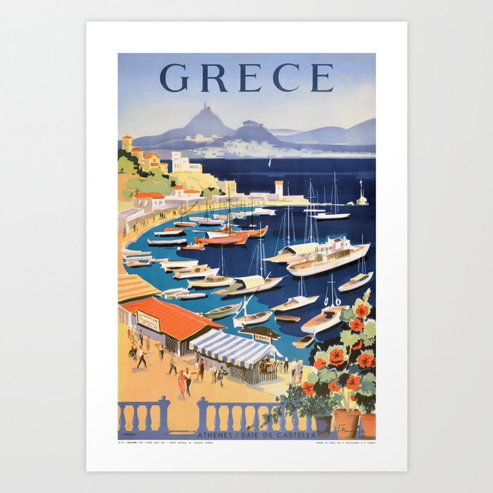 1955 GREECE Athens Bay of Castella Travel Poster Art Print