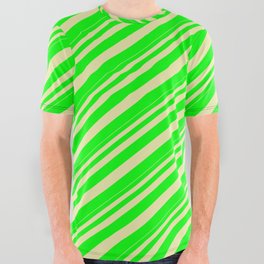 [ Thumbnail: Pale Goldenrod and Lime Colored Stripes/Lines Pattern All Over Graphic Tee ]