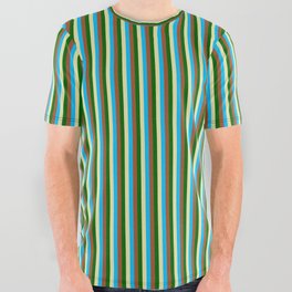 [ Thumbnail: Pale Goldenrod, Deep Sky Blue, Sienna & Dark Green Colored Lined/Striped Pattern All Over Graphic Tee ]