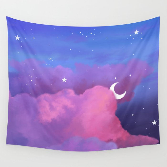 Aesthetic Pink and Purple Clouds with Stars Wall Tapestry