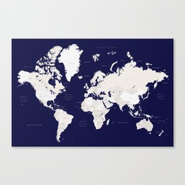 Navy blue and cream world map, "Austin" Canvas Print
