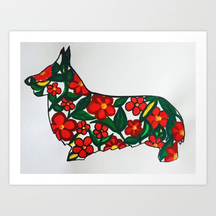 Miss Zoya Pembroke Welsh Corgi Dog Floral Painting Gouache Acrylic On Paper Nursery Decor Art Print
