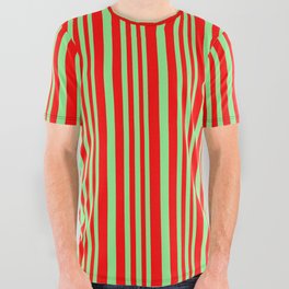 [ Thumbnail: Light Green & Red Colored Striped Pattern All Over Graphic Tee ]